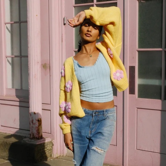 Mure+Grand Flowers Follow the Sun Puff Cardigan Sweater Yellow Pink size S/M - Picture 2 of 7